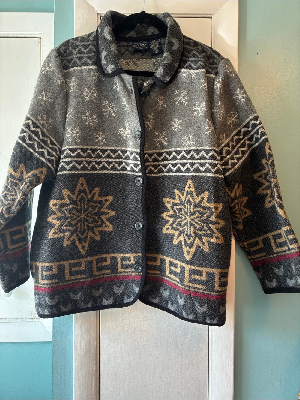 Sonoma Gray, Cream & Red Nordic-Pattern Wool Pea Coat